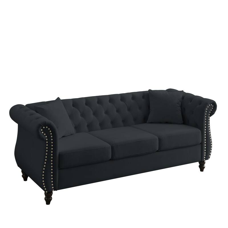 80" Chesterfield Sofa Black Velvet for Living Room, 3 Seater Sofa